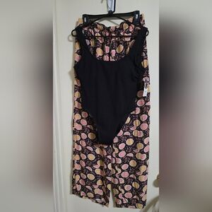 Black Bodysuit with Pink and Yellow Patterned Pants